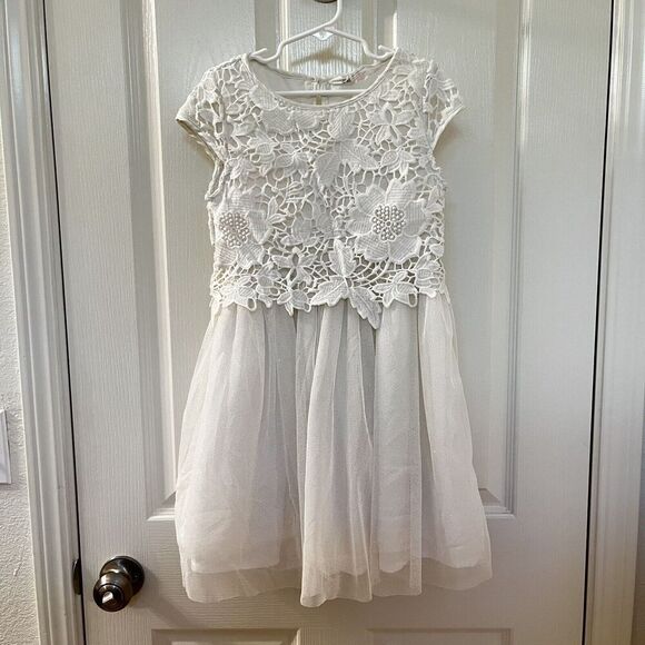 H&M Cream Floral Lace and Tulle Dress Gold Glitter Holiday Girls Size 8-9 - Picture 1 of 13